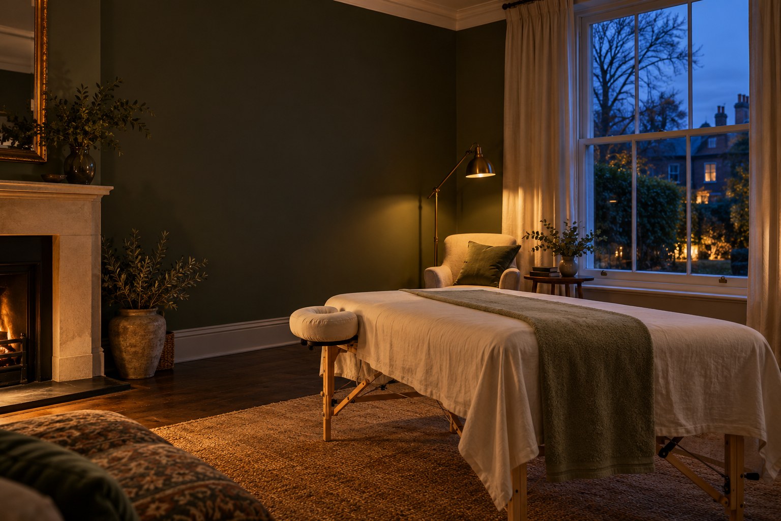 Soft lamp light, ivory linens and a quiet room at dusk
