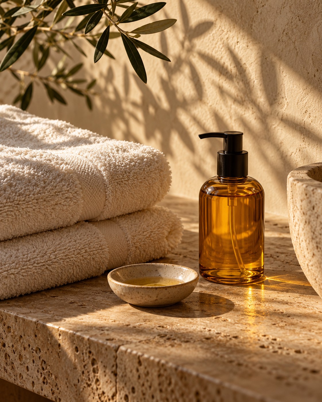 Ivory cotton towels, an amber oil bottle and olive leaf shadows on natural stone